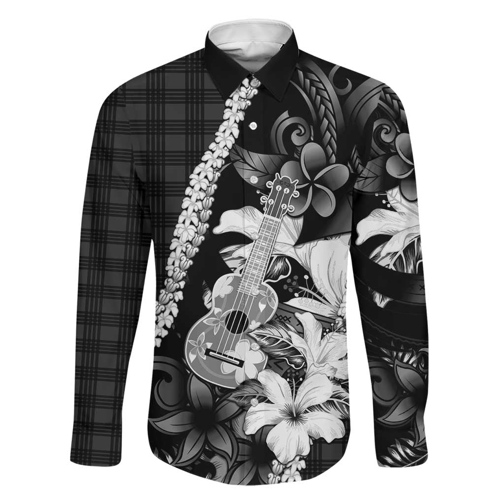 Hawaii Ukulele Family Matching Off Shoulder Short Dress and Hawaiian Shirt Tropical Flowers With Palaka Effect Black Version LT05 Dad's Shirt - Long Sleeve Black - Polynesian Pride