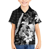 Hawaii Ukulele Family Matching Off Shoulder Short Dress and Hawaiian Shirt Tropical Flowers With Palaka Effect Black Version LT05 Son's Shirt Black - Polynesian Pride