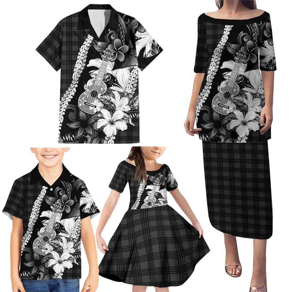 Hawaii Ukulele Family Matching Puletasi and Hawaiian Shirt Tropical Flowers With Palaka Effect Black Version LT05 - Polynesian Pride