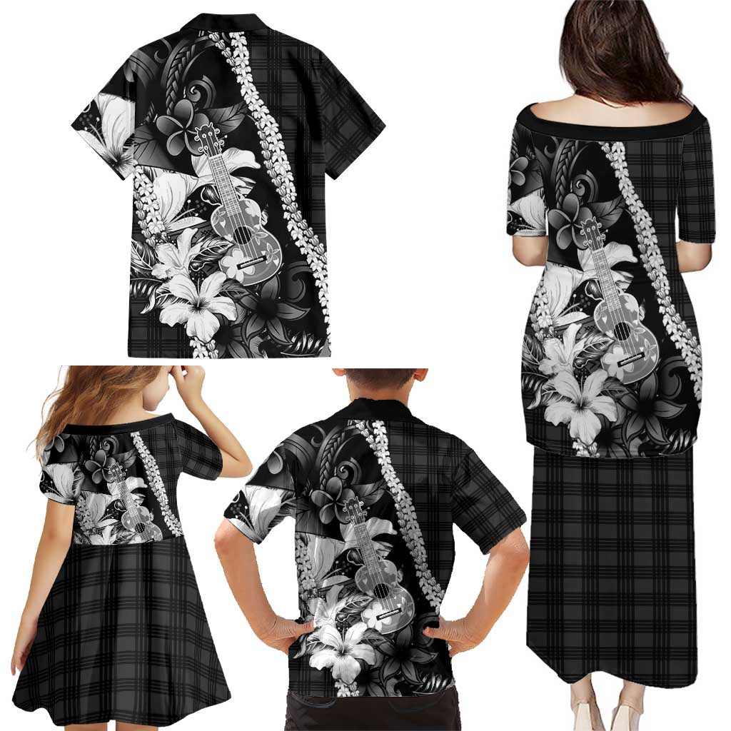 Hawaii Ukulele Family Matching Puletasi and Hawaiian Shirt Tropical Flowers With Palaka Effect Black Version LT05 - Polynesian Pride