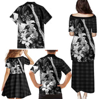Hawaii Ukulele Family Matching Puletasi and Hawaiian Shirt Tropical Flowers With Palaka Effect Black Version LT05 - Polynesian Pride
