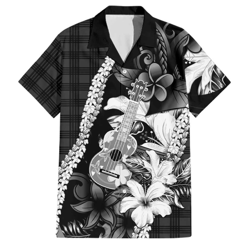 Hawaii Ukulele Family Matching Puletasi and Hawaiian Shirt Tropical Flowers With Palaka Effect Black Version LT05 Dad's Shirt - Short Sleeve Black - Polynesian Pride