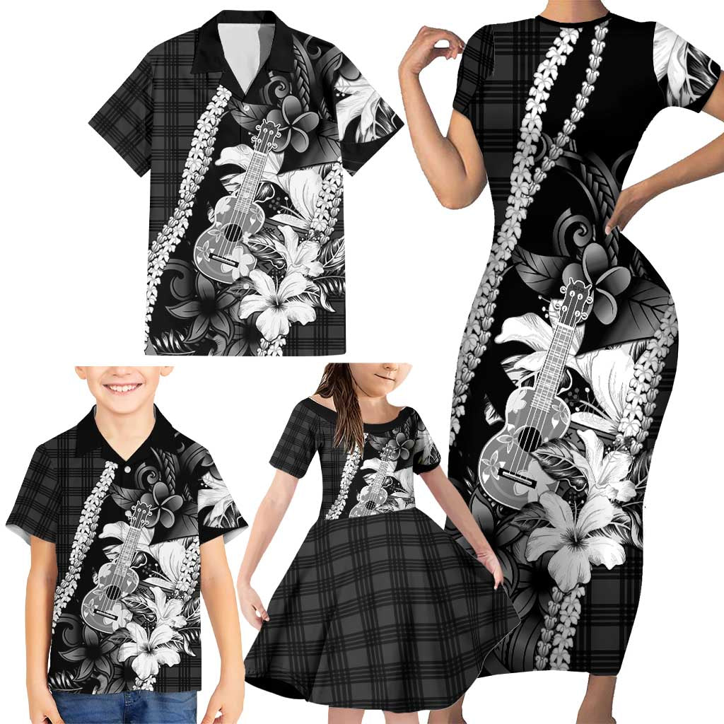Hawaii Ukulele Family Matching Short Sleeve Bodycon Dress and Hawaiian Shirt Tropical Flowers With Palaka Effect Black Version LT05 - Polynesian Pride