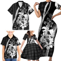 Hawaii Ukulele Family Matching Short Sleeve Bodycon Dress and Hawaiian Shirt Tropical Flowers With Palaka Effect Black Version LT05 - Polynesian Pride