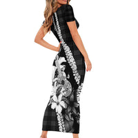 Hawaii Ukulele Family Matching Short Sleeve Bodycon Dress and Hawaiian Shirt Tropical Flowers With Palaka Effect Black Version LT05 - Polynesian Pride
