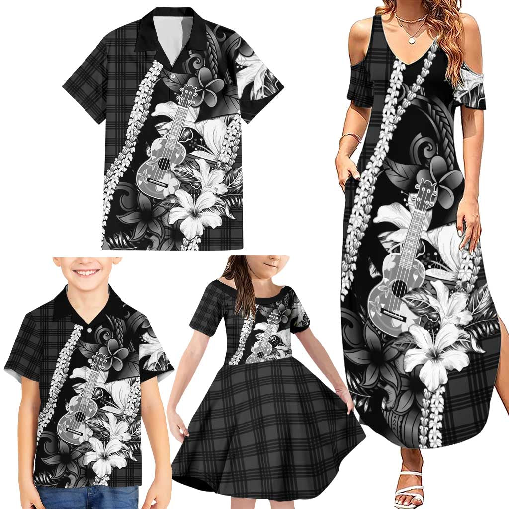 Hawaii Ukulele Family Matching Summer Maxi Dress and Hawaiian Shirt Tropical Flowers With Palaka Effect Black Version LT05 - Polynesian Pride