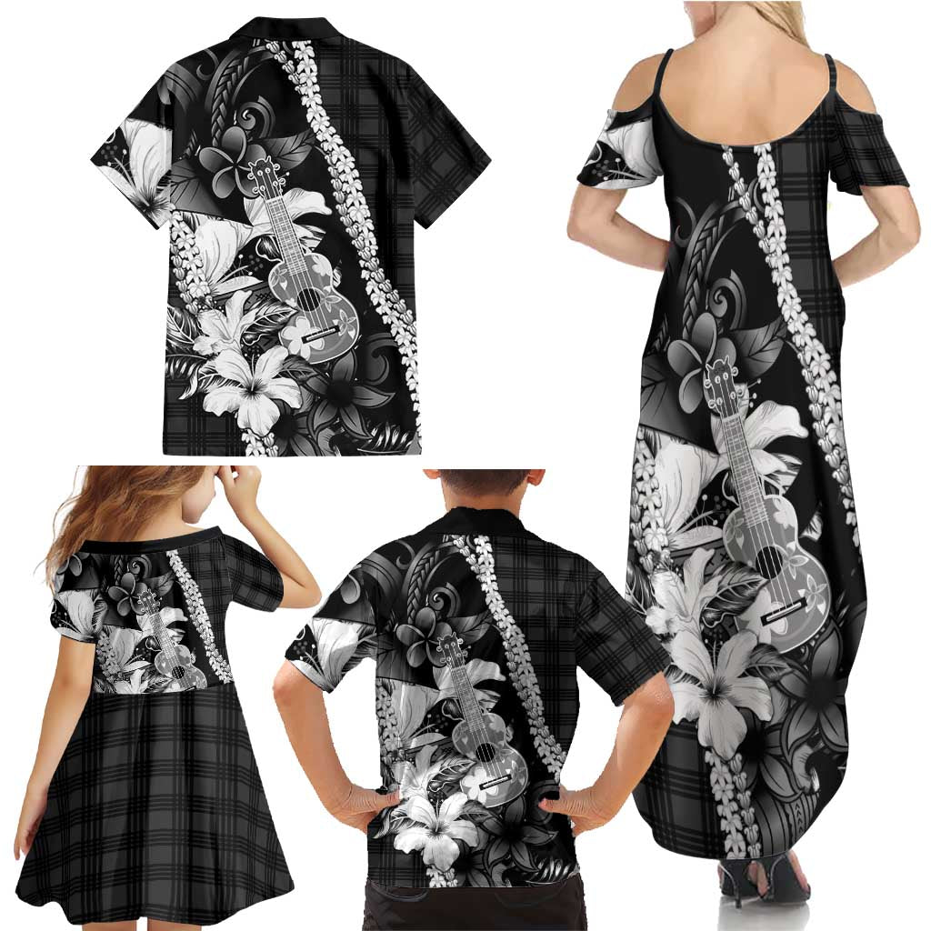 Hawaii Ukulele Family Matching Summer Maxi Dress and Hawaiian Shirt Tropical Flowers With Palaka Effect Black Version LT05 - Polynesian Pride