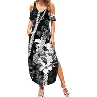 Hawaii Ukulele Family Matching Summer Maxi Dress and Hawaiian Shirt Tropical Flowers With Palaka Effect Black Version LT05 Mom's Dress Black - Polynesian Pride