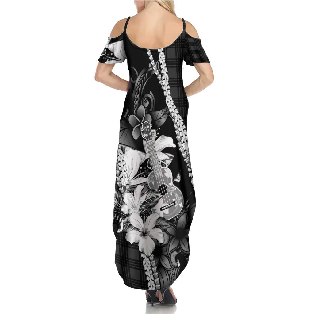 Hawaii Ukulele Family Matching Summer Maxi Dress and Hawaiian Shirt Tropical Flowers With Palaka Effect Black Version LT05 - Polynesian Pride