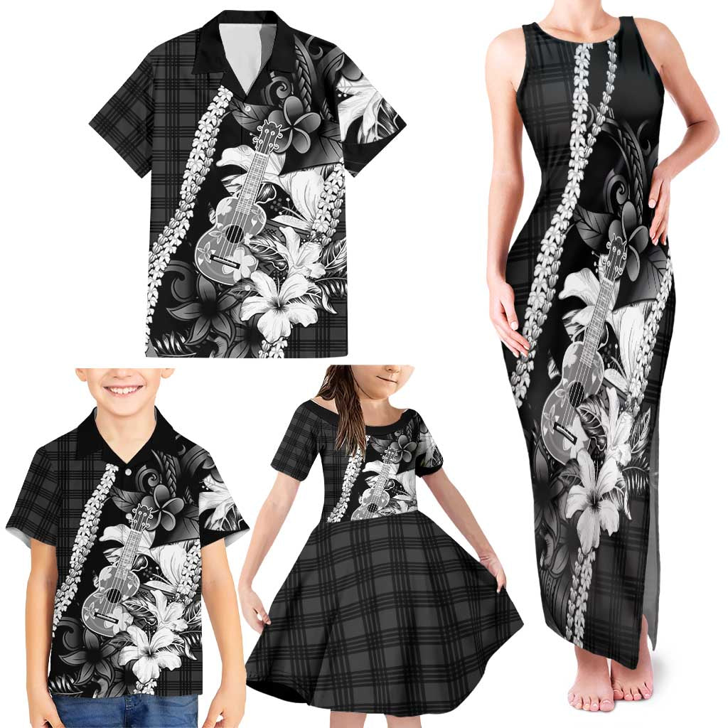 Hawaii Ukulele Family Matching Tank Maxi Dress and Hawaiian Shirt Tropical Flowers With Palaka Effect Black Version LT05 - Polynesian Pride