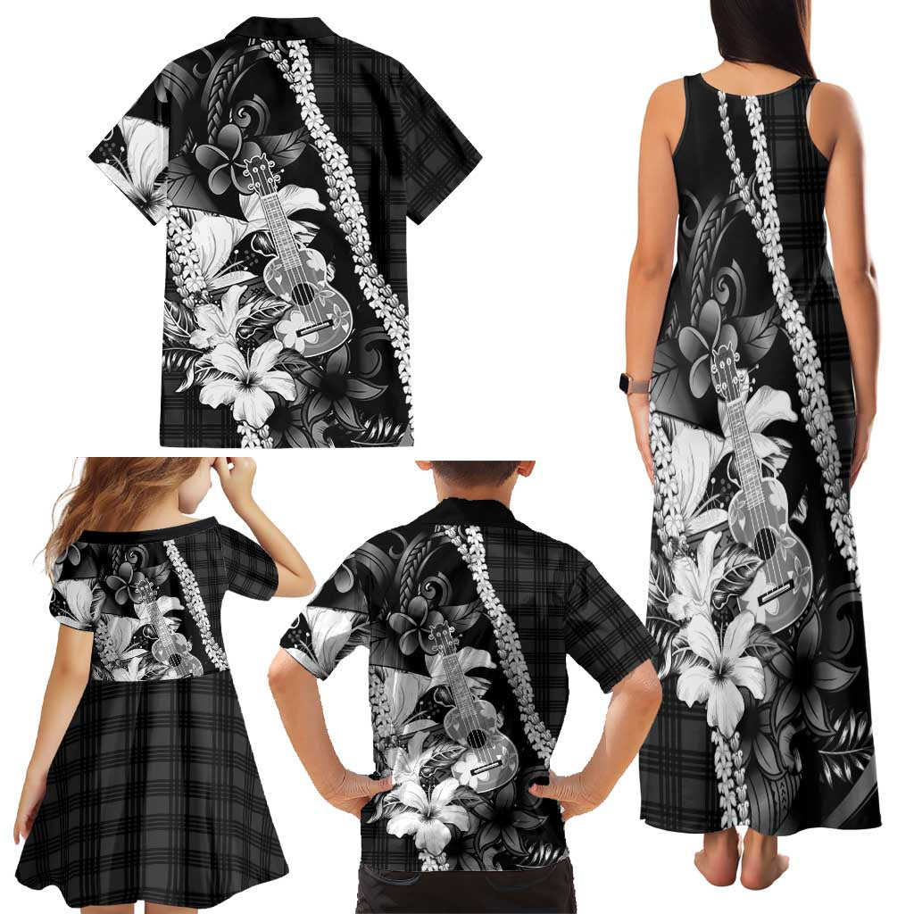 Hawaii Ukulele Family Matching Tank Maxi Dress and Hawaiian Shirt Tropical Flowers With Palaka Effect Black Version LT05 - Polynesian Pride