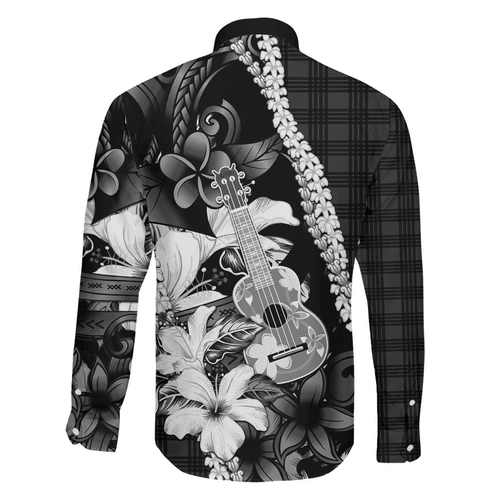 Hawaii Ukulele Family Matching Tank Maxi Dress and Hawaiian Shirt Tropical Flowers With Palaka Effect Black Version LT05 - Polynesian Pride