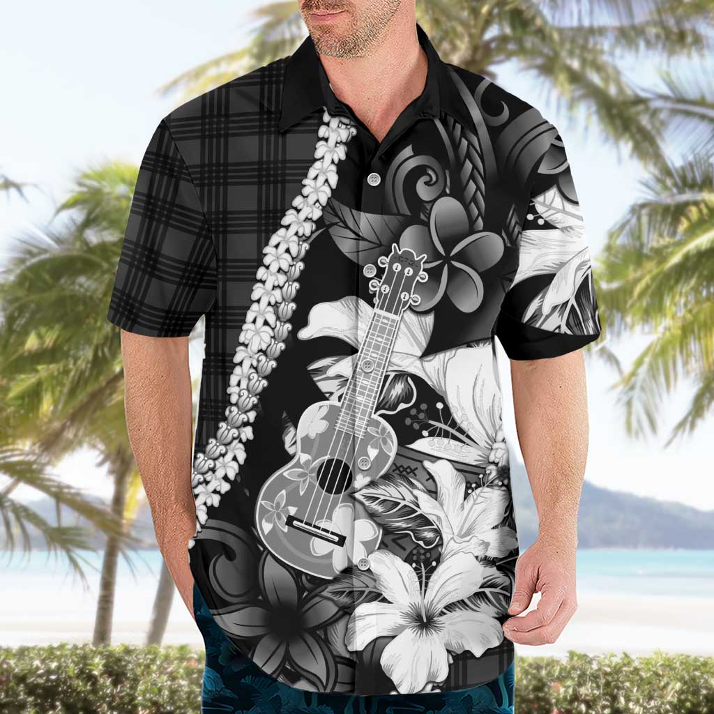 Hawaii Ukulele Hawaiian Shirt Tropical Flowers With Palaka Effect Black Version - Polynesian Pride