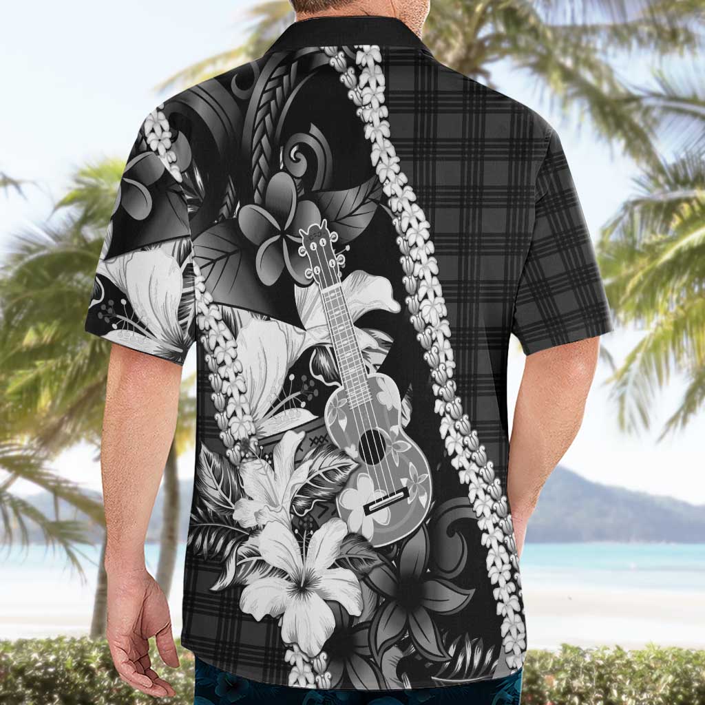 Hawaii Ukulele Hawaiian Shirt Tropical Flowers With Palaka Effect Black Version - Polynesian Pride