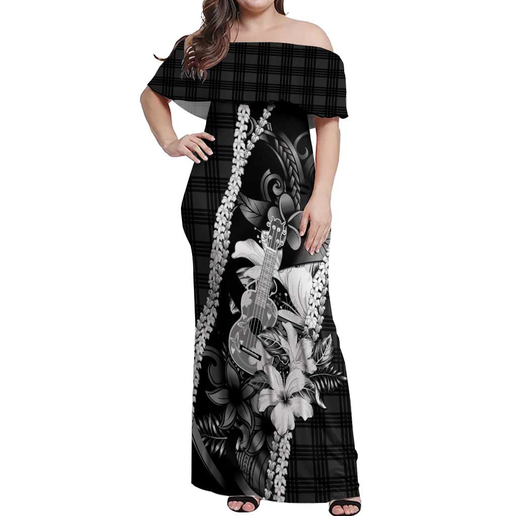 Hawaii Ukulele Off Shoulder Maxi Dress Tropical Flowers With Palaka Effect Black Version LT05 Women Black - Polynesian Pride