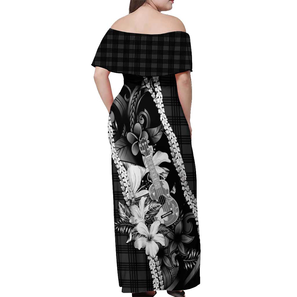 Hawaii Ukulele Off Shoulder Maxi Dress Tropical Flowers With Palaka Effect Black Version LT05 - Polynesian Pride
