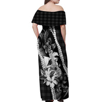 Hawaii Ukulele Off Shoulder Maxi Dress Tropical Flowers With Palaka Effect Black Version LT05 - Polynesian Pride