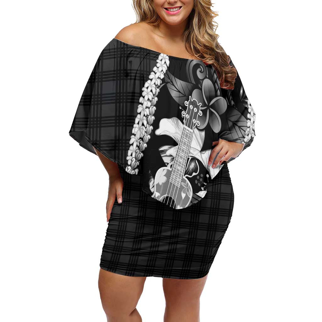 Hawaii Ukulele Off Shoulder Short Dress Tropical Flowers With Palaka Effect Black Version LT05 Women Black - Polynesian Pride