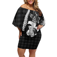 Hawaii Ukulele Off Shoulder Short Dress Tropical Flowers With Palaka Effect Black Version LT05 Women Black - Polynesian Pride