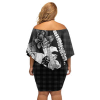 Hawaii Ukulele Off Shoulder Short Dress Tropical Flowers With Palaka Effect Black Version LT05 - Polynesian Pride