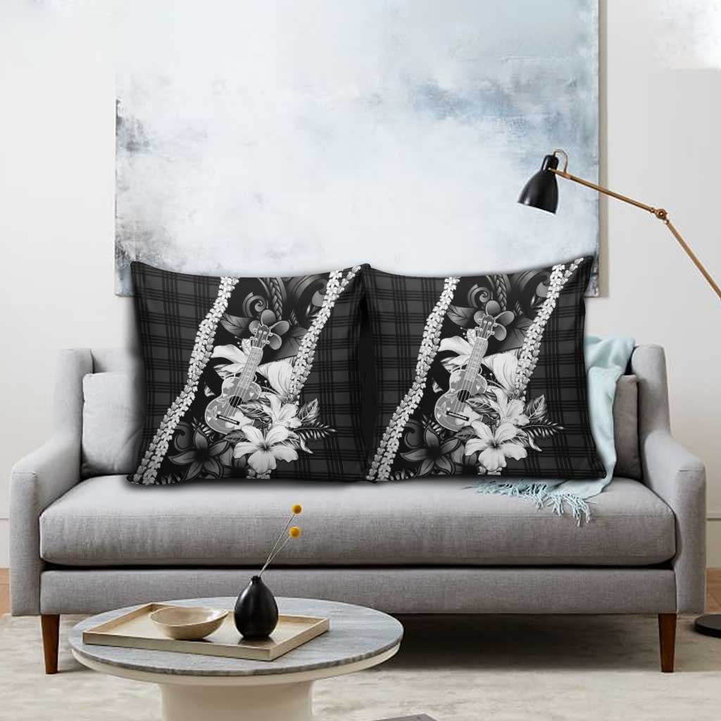 Hawaii Ukulele Pillow Cover Tropical Flowers With Palaka Effect Black Version - Polynesian Pride