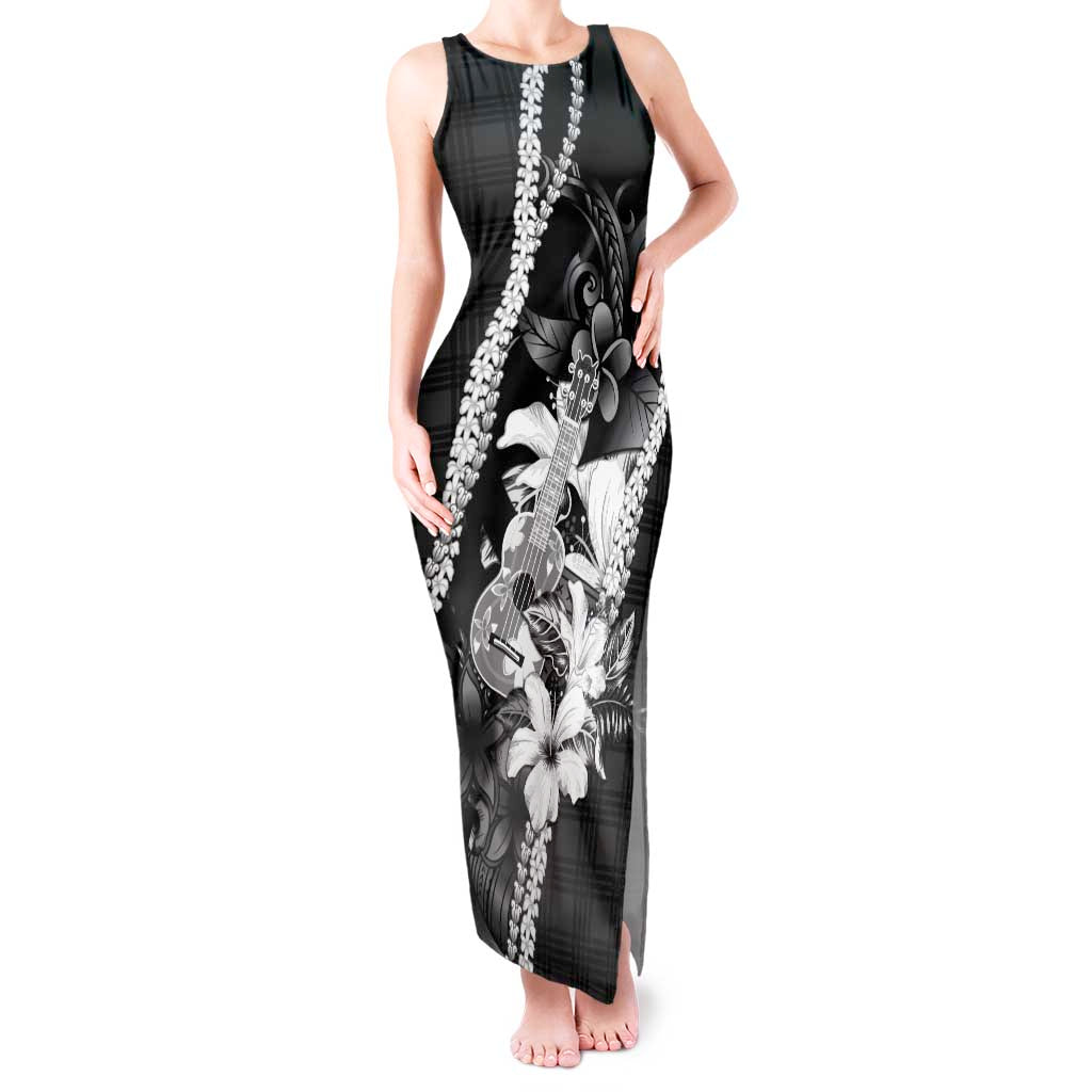 Hawaii Ukulele Tank Maxi Dress Tropical Flowers With Palaka Effect Black Version LT05 Women Black - Polynesian Pride