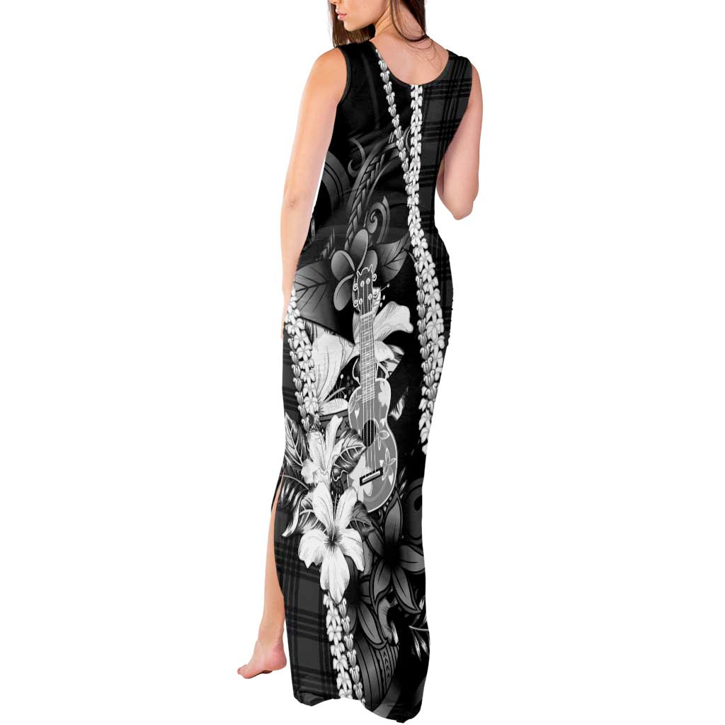 Hawaii Ukulele Tank Maxi Dress Tropical Flowers With Palaka Effect Black Version LT05 - Polynesian Pride