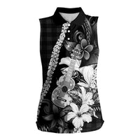 Hawaii Ukulele Women Sleeveless Polo Shirt Tropical Flowers With Palaka Effect Black Version LT05 Female Black - Polynesian Pride