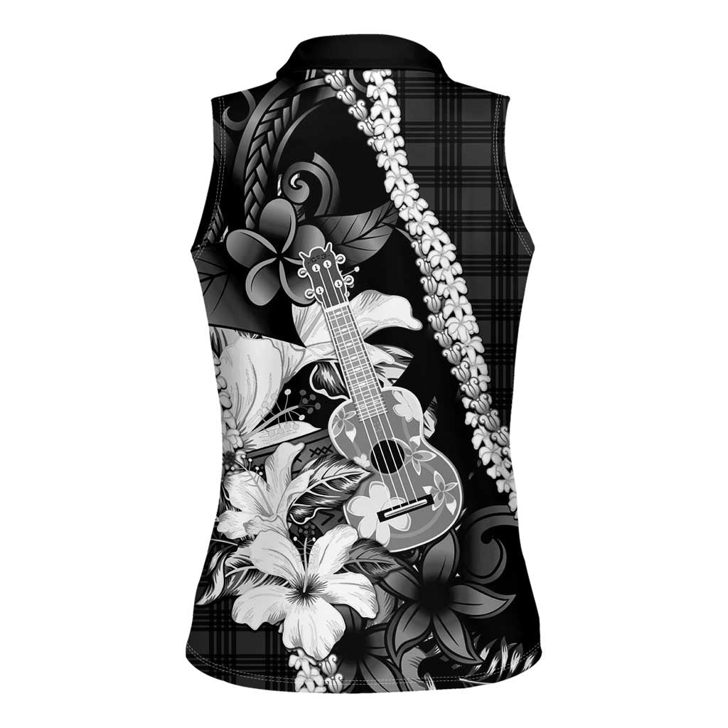 Hawaii Ukulele Women Sleeveless Polo Shirt Tropical Flowers With Palaka Effect Black Version LT05 - Polynesian Pride