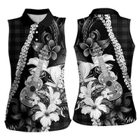 Hawaii Ukulele Women Sleeveless Polo Shirt Tropical Flowers With Palaka Effect Black Version LT05 - Polynesian Pride