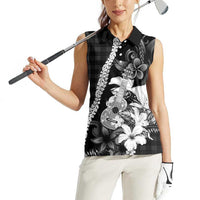 Hawaii Ukulele Women Sleeveless Polo Shirt Tropical Flowers With Palaka Effect Black Version LT05 - Polynesian Pride