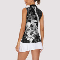 Hawaii Ukulele Women Sleeveless Polo Shirt Tropical Flowers With Palaka Effect Black Version LT05 - Polynesian Pride