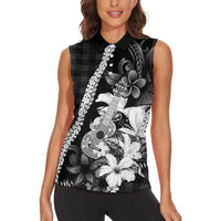 Hawaii Ukulele Women Sleeveless Polo Shirt Tropical Flowers With Palaka Effect Black Version LT05 - Polynesian Pride