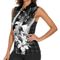 Hawaii Ukulele Women Sleeveless Polo Shirt Tropical Flowers With Palaka Effect Black Version LT05 - Polynesian Pride