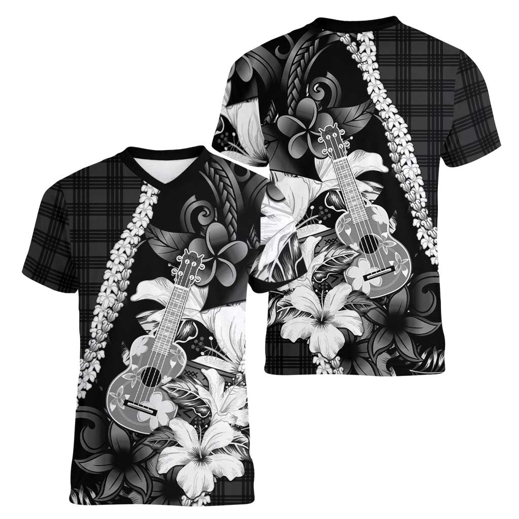 Hawaii Ukulele Women V-Neck T-Shirt Tropical Flowers With Palaka Effect Black Version - Polynesian Pride