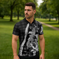 Hawaii Ukulele Zipper Polo Shirt Tropical Flowers With Palaka Effect Black Version - Polynesian Pride
