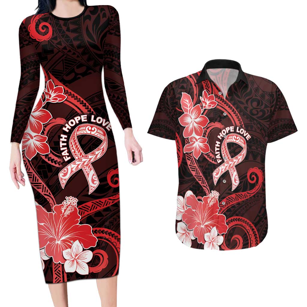 Heart Health Awareness Couples Matching Long Sleeve Bodycon Dress and Hawaiian Shirt Warrior Wears Red Polynesian Style