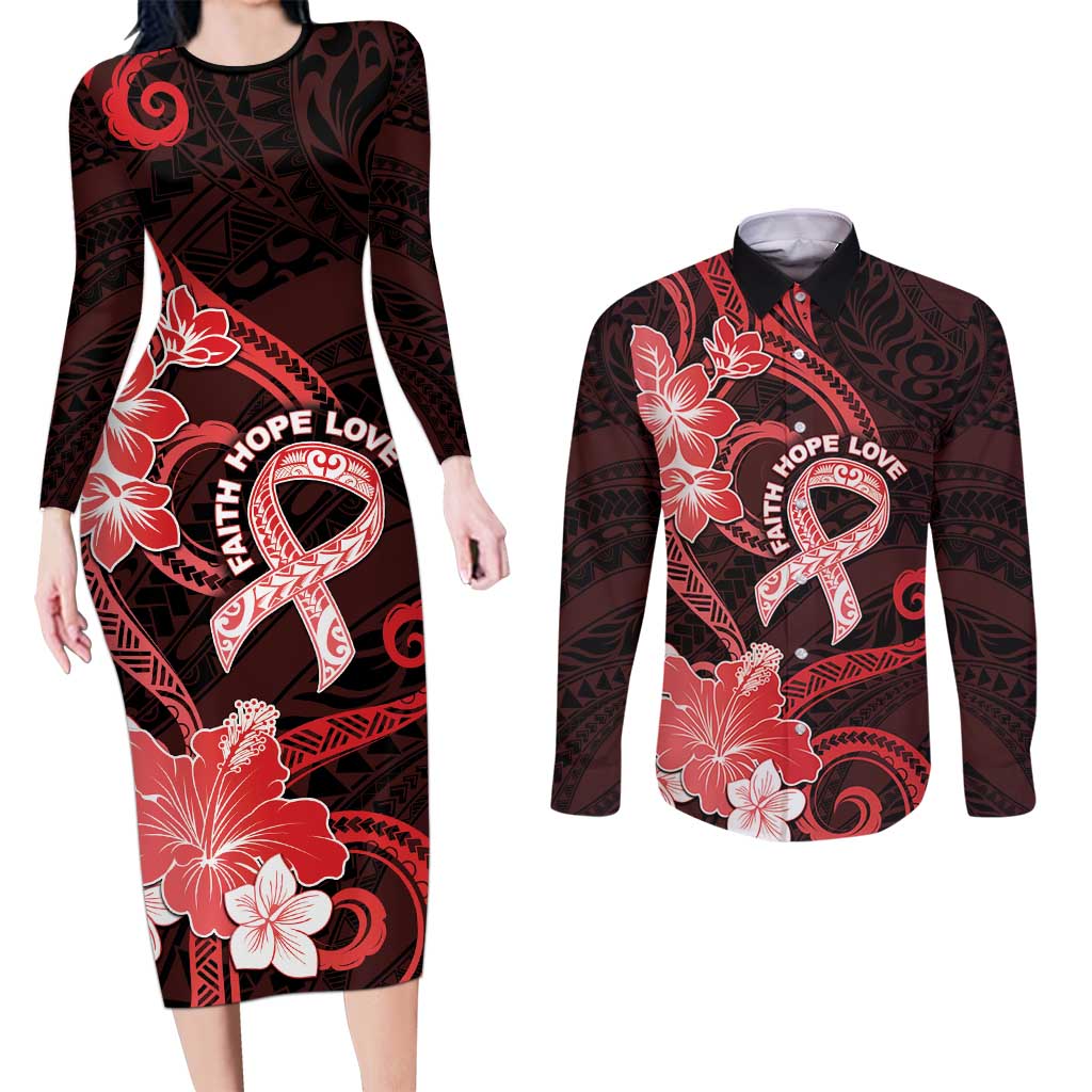 Heart Health Awareness Couples Matching Long Sleeve Bodycon Dress and Long Sleeve Button Shirt Warrior Wears Red Polynesian Style