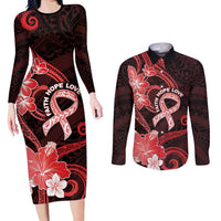Heart Health Awareness Couples Matching Long Sleeve Bodycon Dress and Long Sleeve Button Shirt Warrior Wears Red Polynesian Style