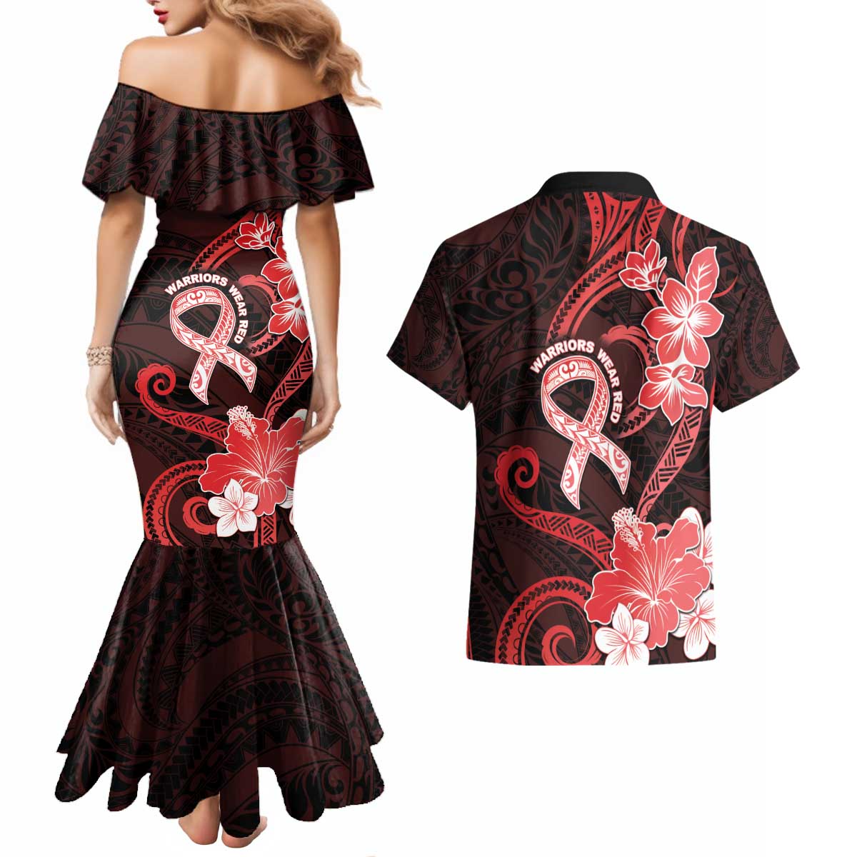 Heart Health Awareness Couples Matching Mermaid Dress and Hawaiian Shirt Warrior Wears Red Polynesian Style