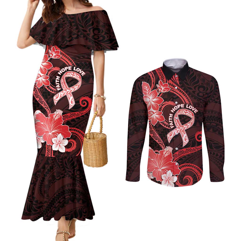 Heart Health Awareness Couples Matching Mermaid Dress and Long Sleeve Button Shirt Warrior Wears Red Polynesian Style