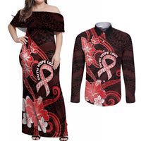Heart Health Awareness Couples Matching Off Shoulder Maxi Dress and Long Sleeve Button Shirt Warrior Wears Red Polynesian Style