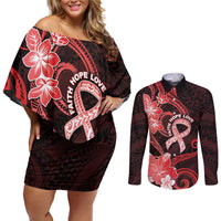 Heart Health Awareness Couples Matching Off Shoulder Short Dress and Long Sleeve Button Shirt Warrior Wears Red Polynesian Style