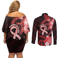 Heart Health Awareness Couples Matching Off Shoulder Short Dress and Long Sleeve Button Shirt Warrior Wears Red Polynesian Style