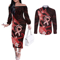 Heart Health Awareness Couples Matching Off The Shoulder Long Sleeve Dress and Long Sleeve Button Shirt Warrior Wears Red Polynesian Style