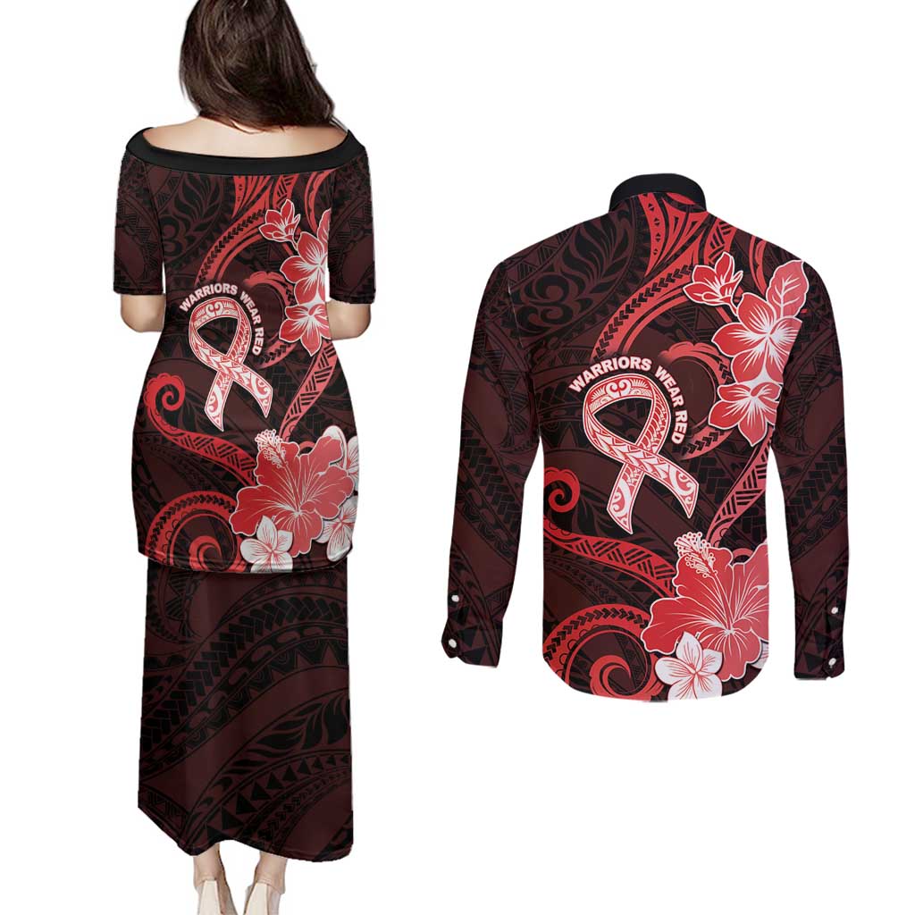 Heart Health Awareness Couples Matching Puletasi and Long Sleeve Button Shirt Warrior Wears Red Polynesian Style