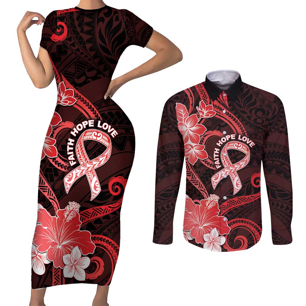 Heart Health Awareness Couples Matching Short Sleeve Bodycon Dress and Long Sleeve Button Shirt Warrior Wears Red Polynesian Style