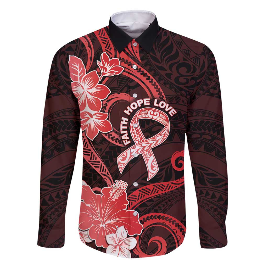 Heart Health Awareness Family Matching Off Shoulder Maxi Dress and Hawaiian Shirt Warrior Wears Red Polynesian Style LT05 Dad's Shirt - Long Sleeve Red - Polynesian Pride