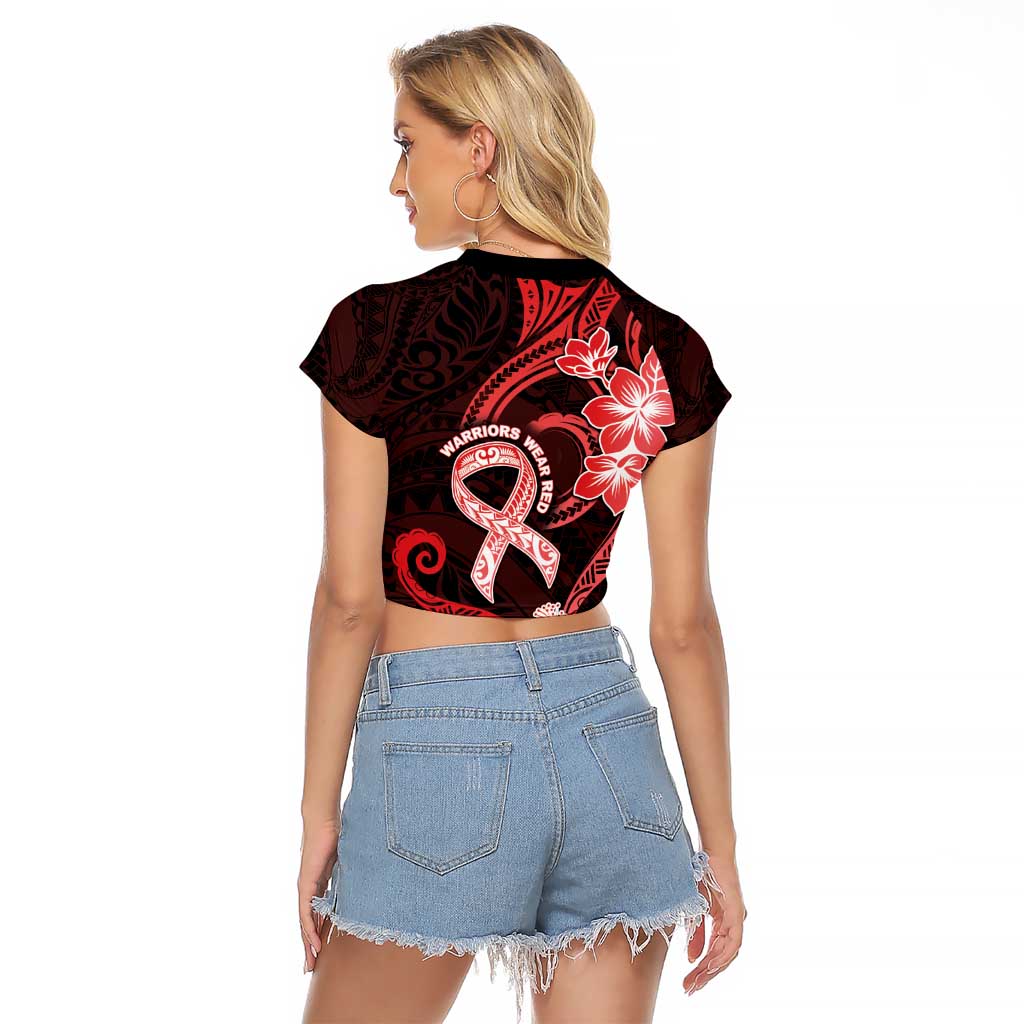 Heart Health Awareness Raglan Cropped T Shirt Warrior Wears Red Polynesian Style