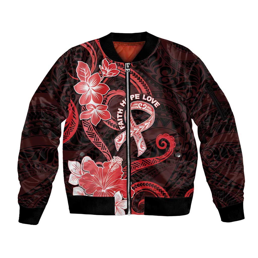 Heart Health Awareness Sleeve Zip Bomber Jacket Warrior Wears Red Polynesian Style